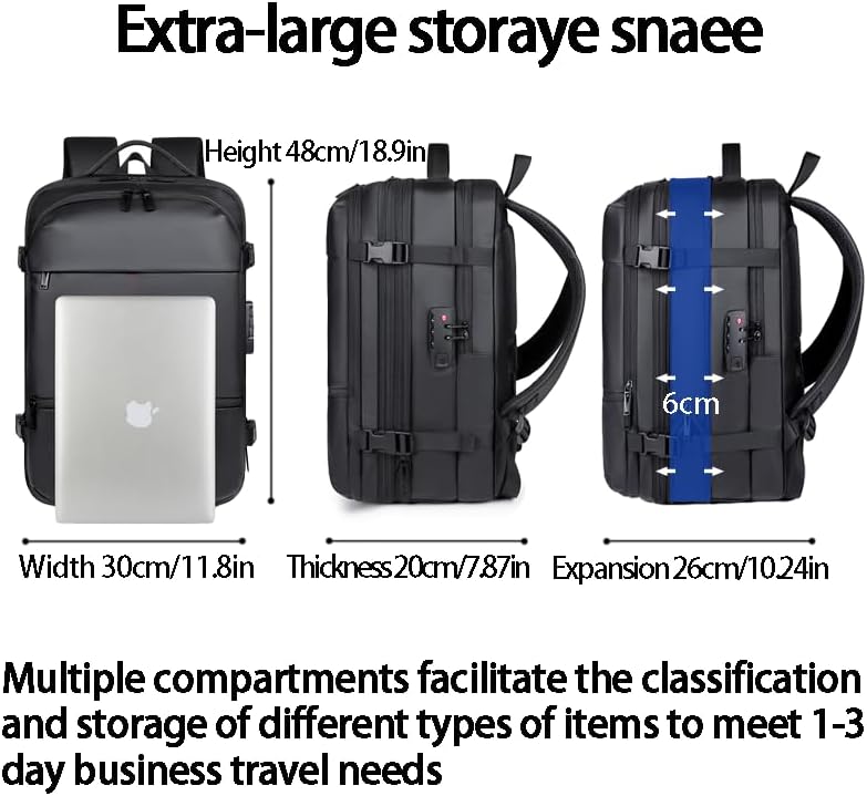 Business Travel Backpack, Anti-Theft Laptop Bag, Water Resistant, Large Capacity,Vacuum compressible (Black) - Image 5
